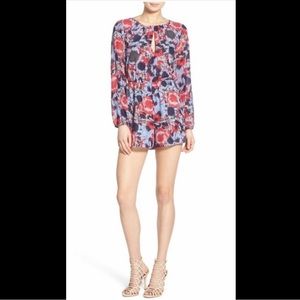 LEITH Dloral Romper Jumpsuit Keyhole Front Back Open Long Sleeves Blue Pink Gray